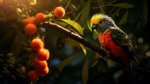 Kakariki bird eating pineapple