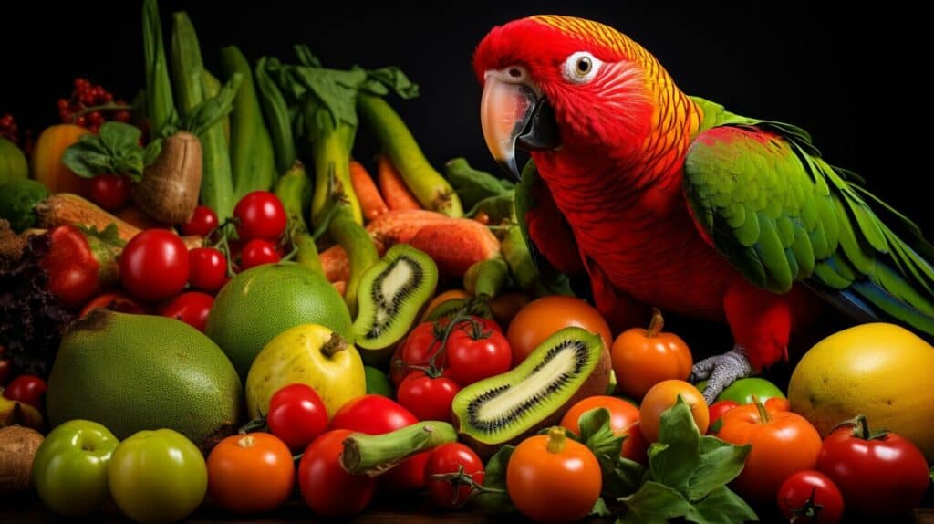 Kakariki eating fruits and vegetables