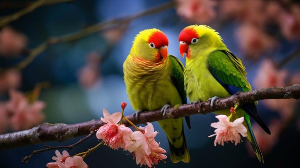 kakariki, budgerigar, and lovebird perched on a branch together